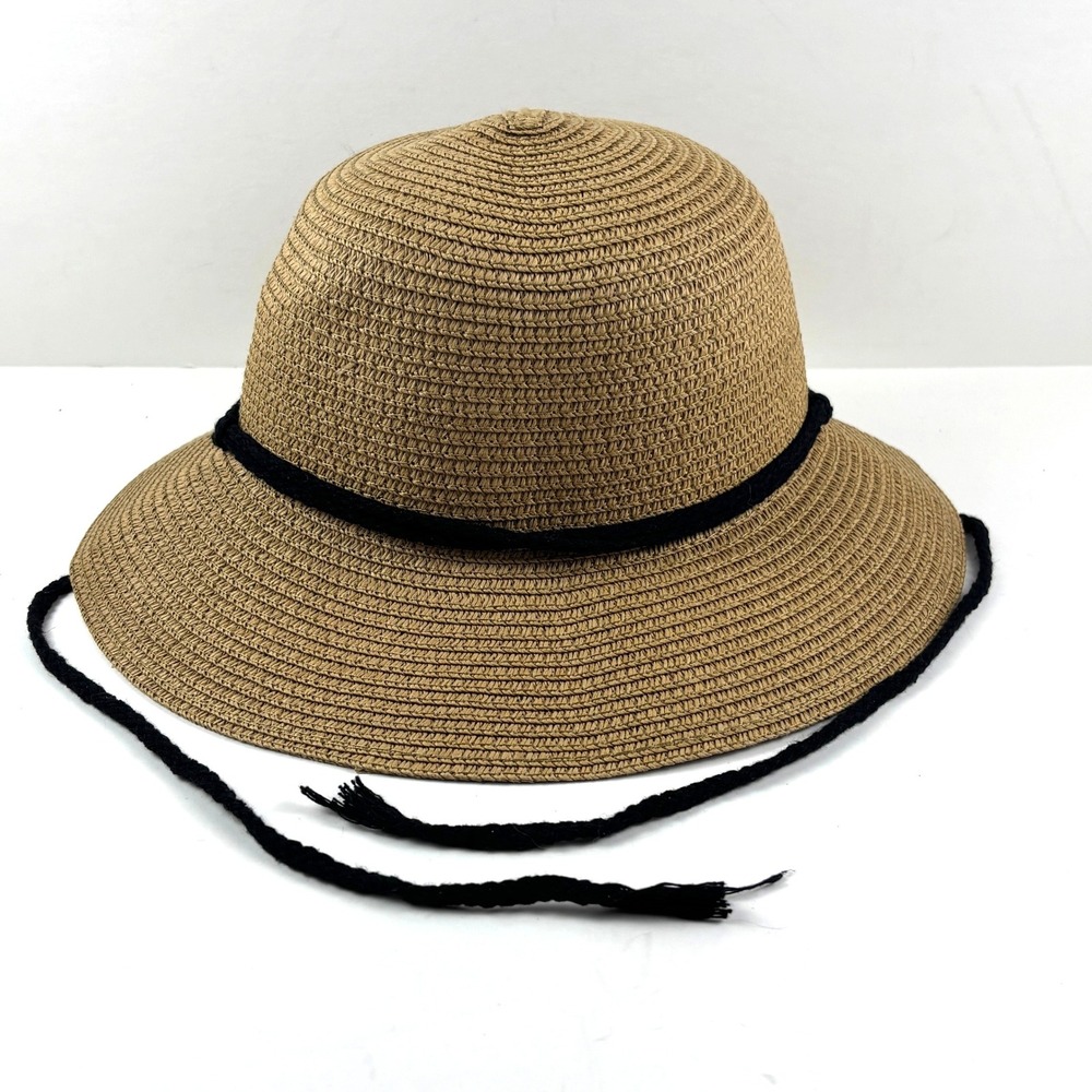 Woven Straw Bucket Sun Hat Women OS Tan Chin Strap Boho Beach Summer Vacation